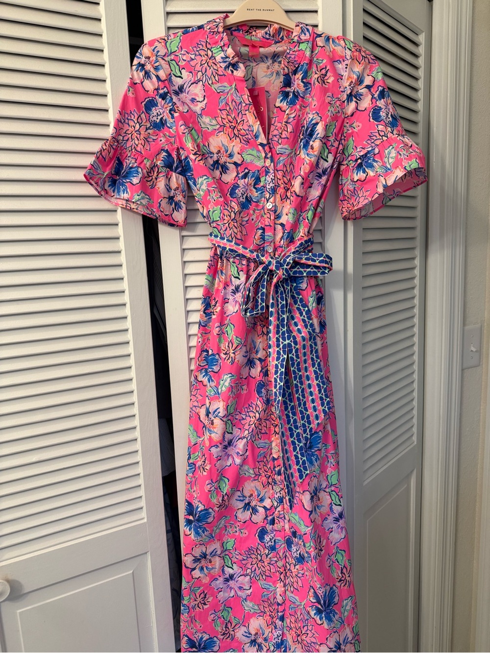 Lilly Pulitzer Pink Floral Midi Dress with Blue and Green Print